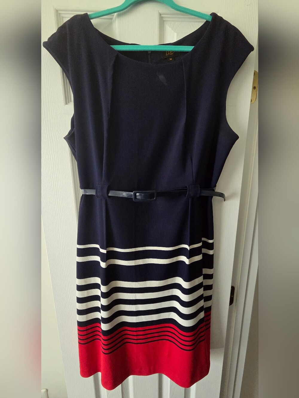 Striped Navy Midi Dress with Red Hem and Belt